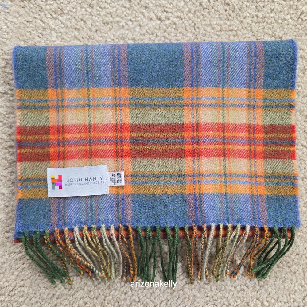 John Hanly Extra Fine Merino Wool Scarf Colorful Plaid - Picture 8 of 8